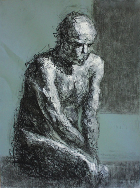 Charcoal drawing of a seated man on sage-green paper