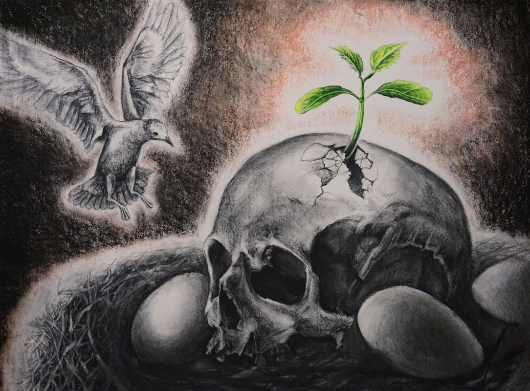 Charcoal skull with a green sprout breaking through