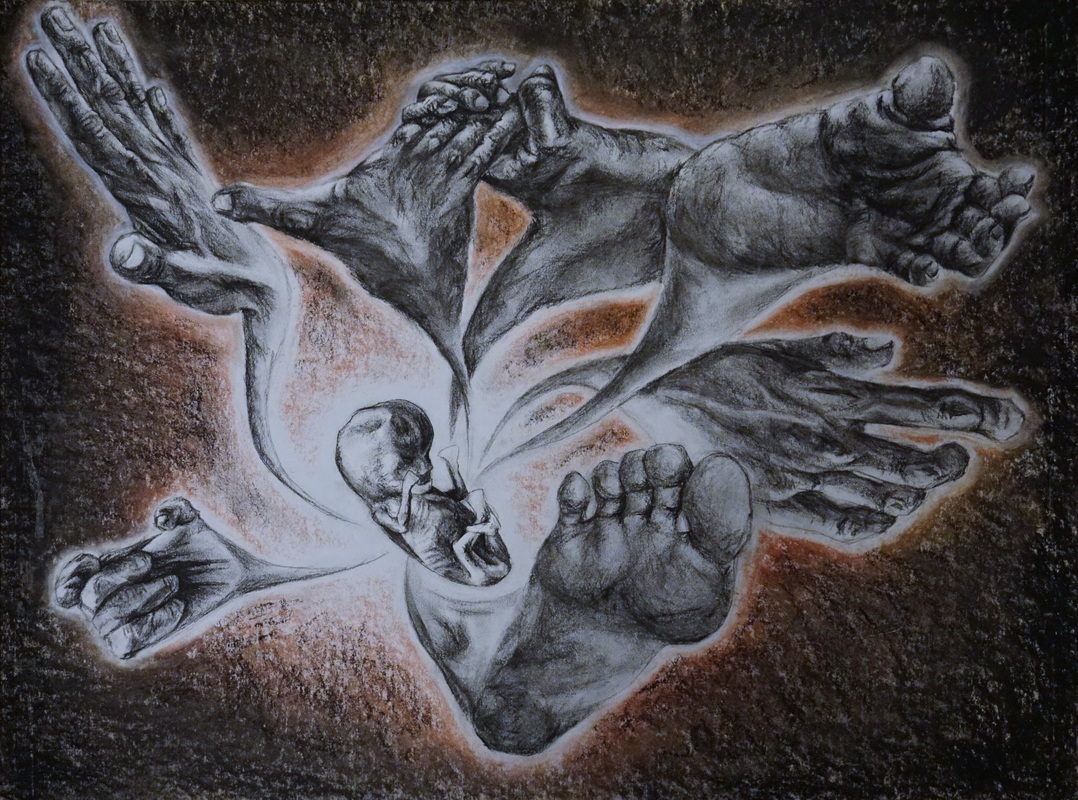 Charcoal drawing of a figure splitting into diverging forms