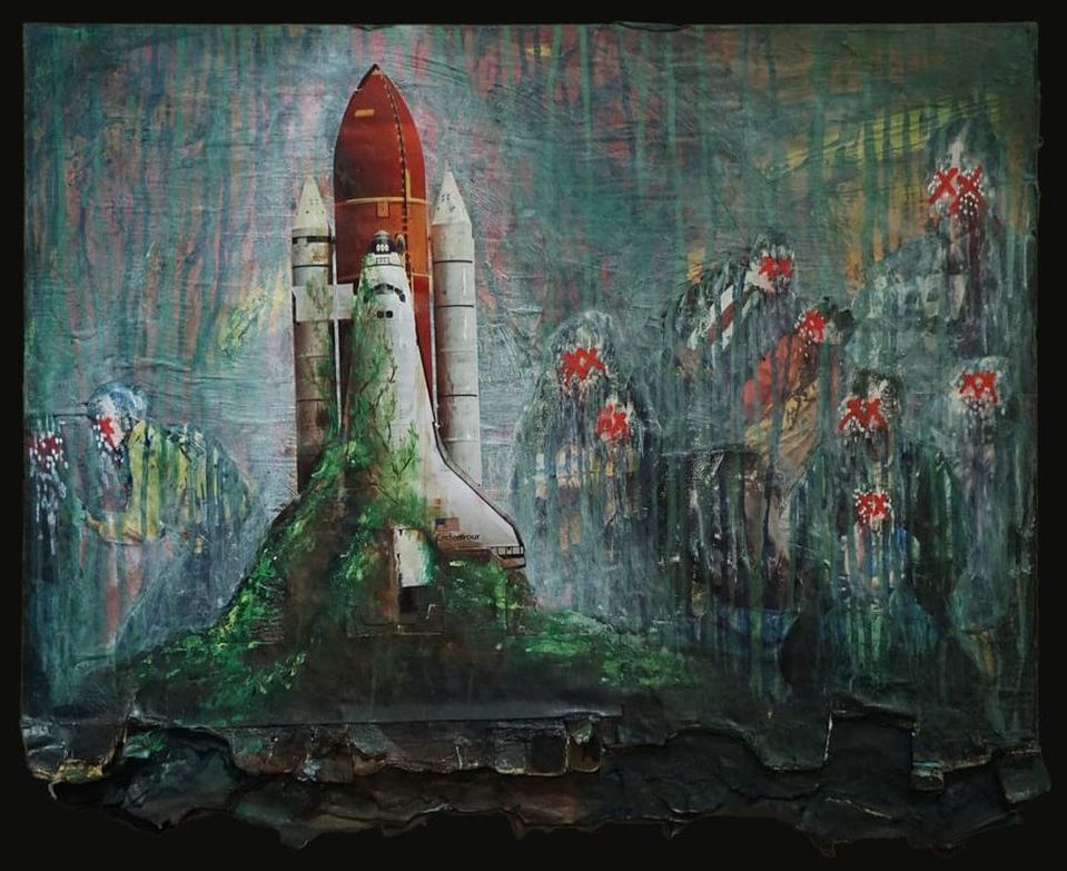 Mixed-media painting of a space shuttle overgrown with green